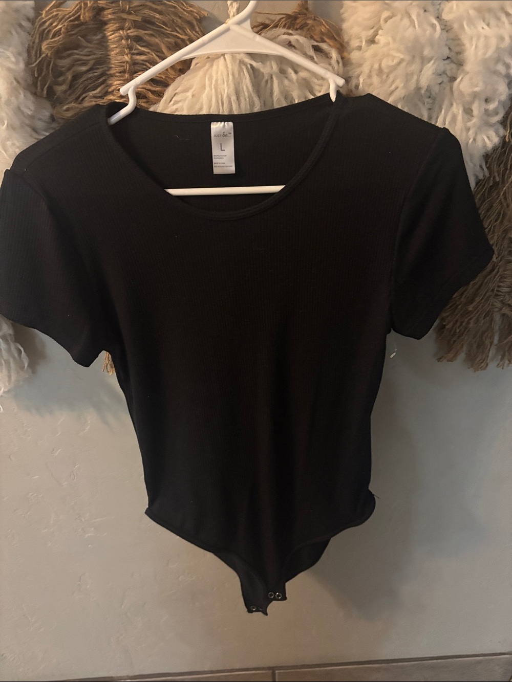 just be Black Ribbed Short-Sleeve Bodysuit